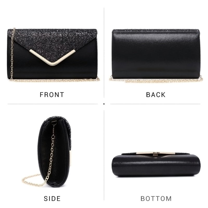 Dasein Women Evening Bags Formal Clutch Purses for Wedding Party Prom Handbags with Shoulder Strap and Glitter Flap (Black) - Image 2